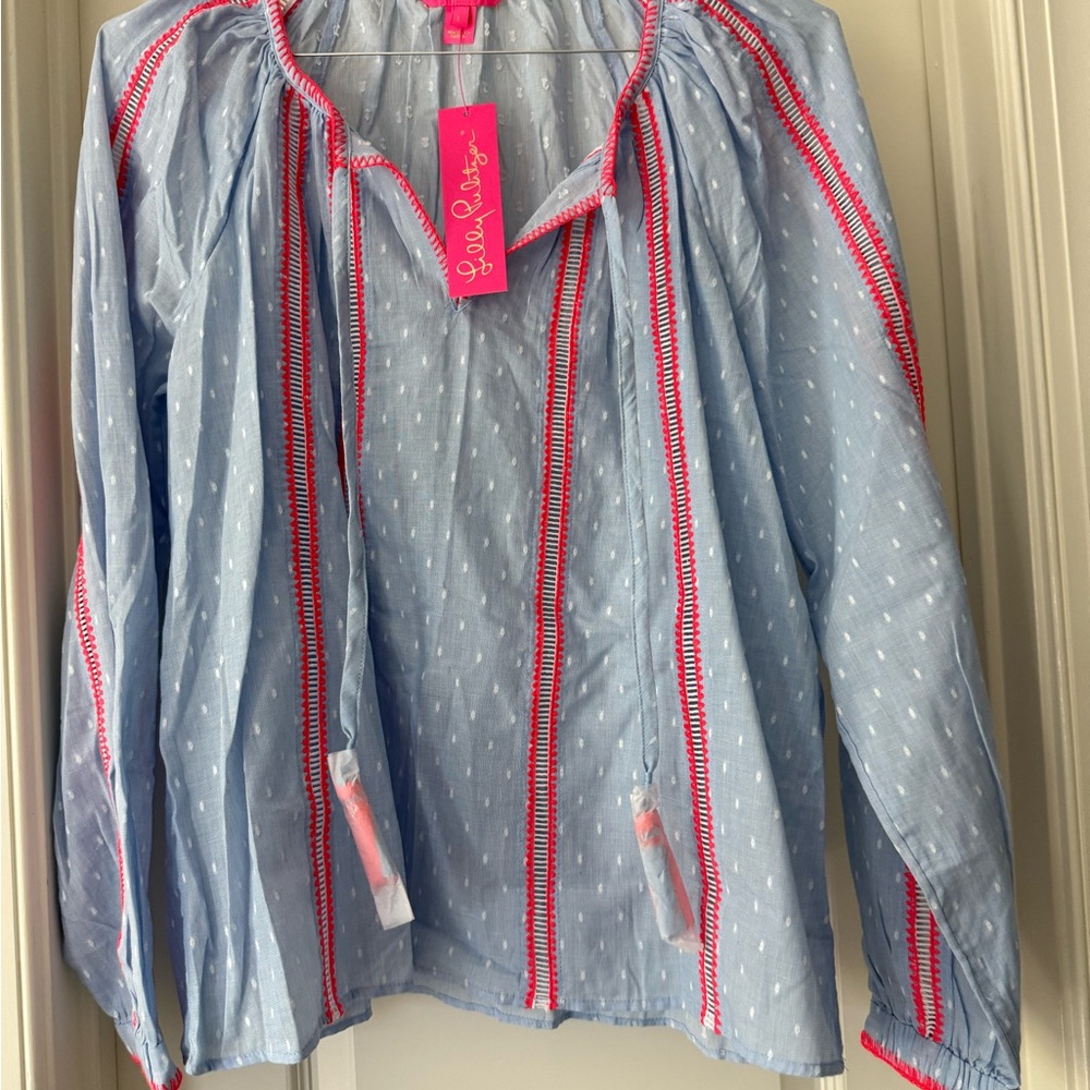 *NWT* Lilly Pulitzer Marti Ling Sleeve Blue and Pink Long Sleeve Blouse